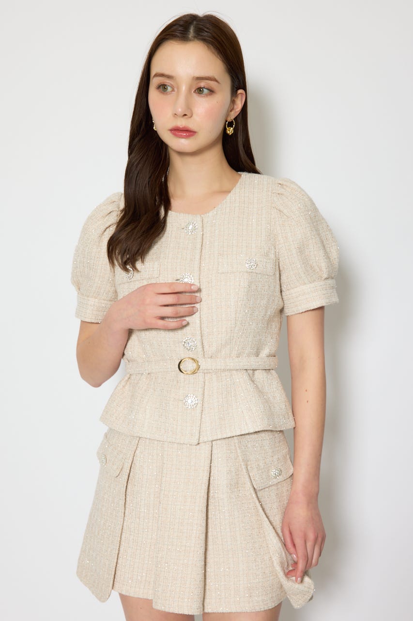 ノーカラーツイードペプラムジャケット BEG S