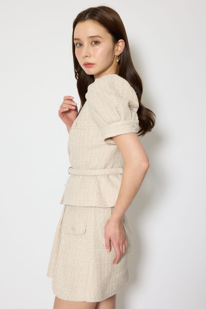 ノーカラーツイードペプラムジャケット BEG S