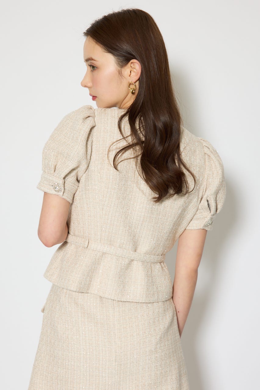 ノーカラーツイードペプラムジャケット BEG S