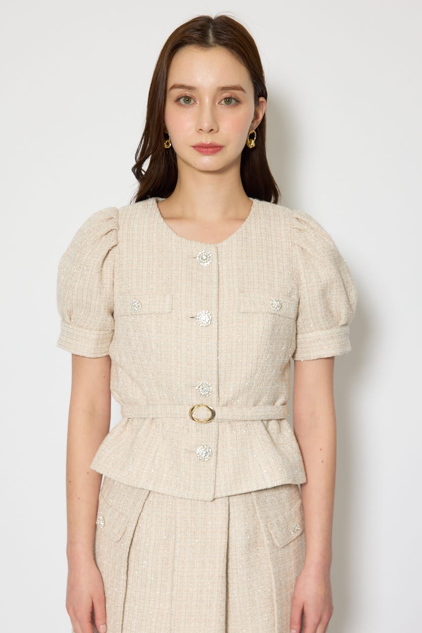 ノーカラーツイードペプラムジャケット BEG S