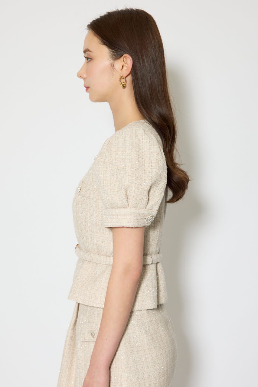 ノーカラーツイードペプラムジャケット BEG S