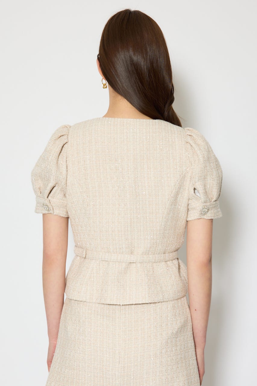 ノーカラーツイードペプラムジャケット BEG S