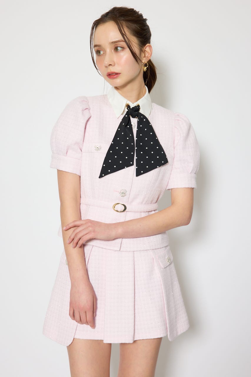 ノーカラーツイードペプラムジャケット PNK M