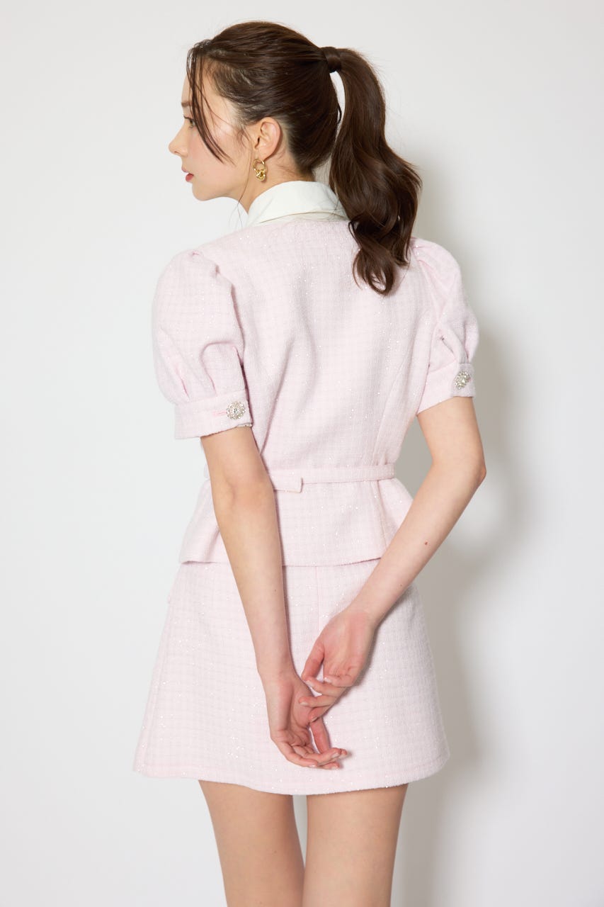 ノーカラーツイードペプラムジャケット PNK M