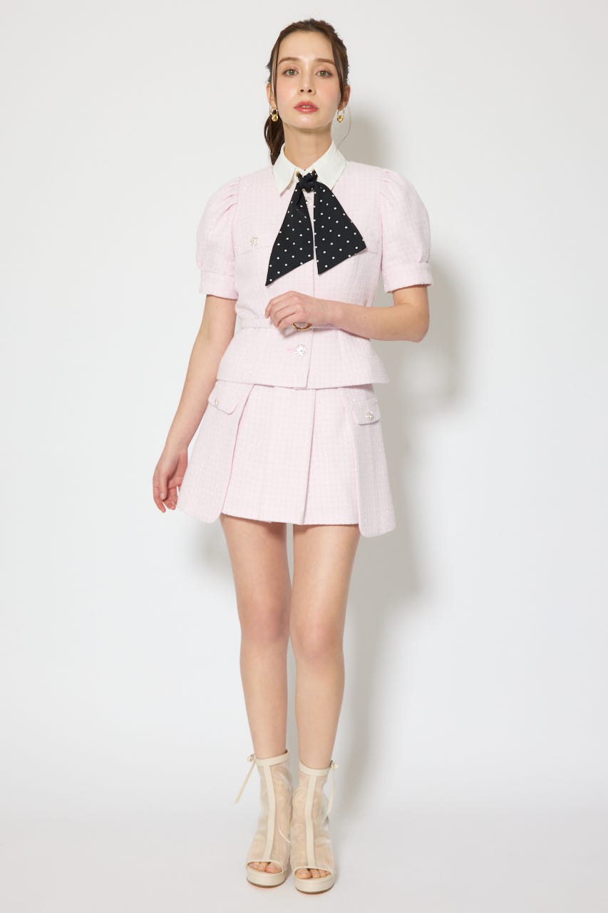 ノーカラーツイードペプラムジャケット PNK M