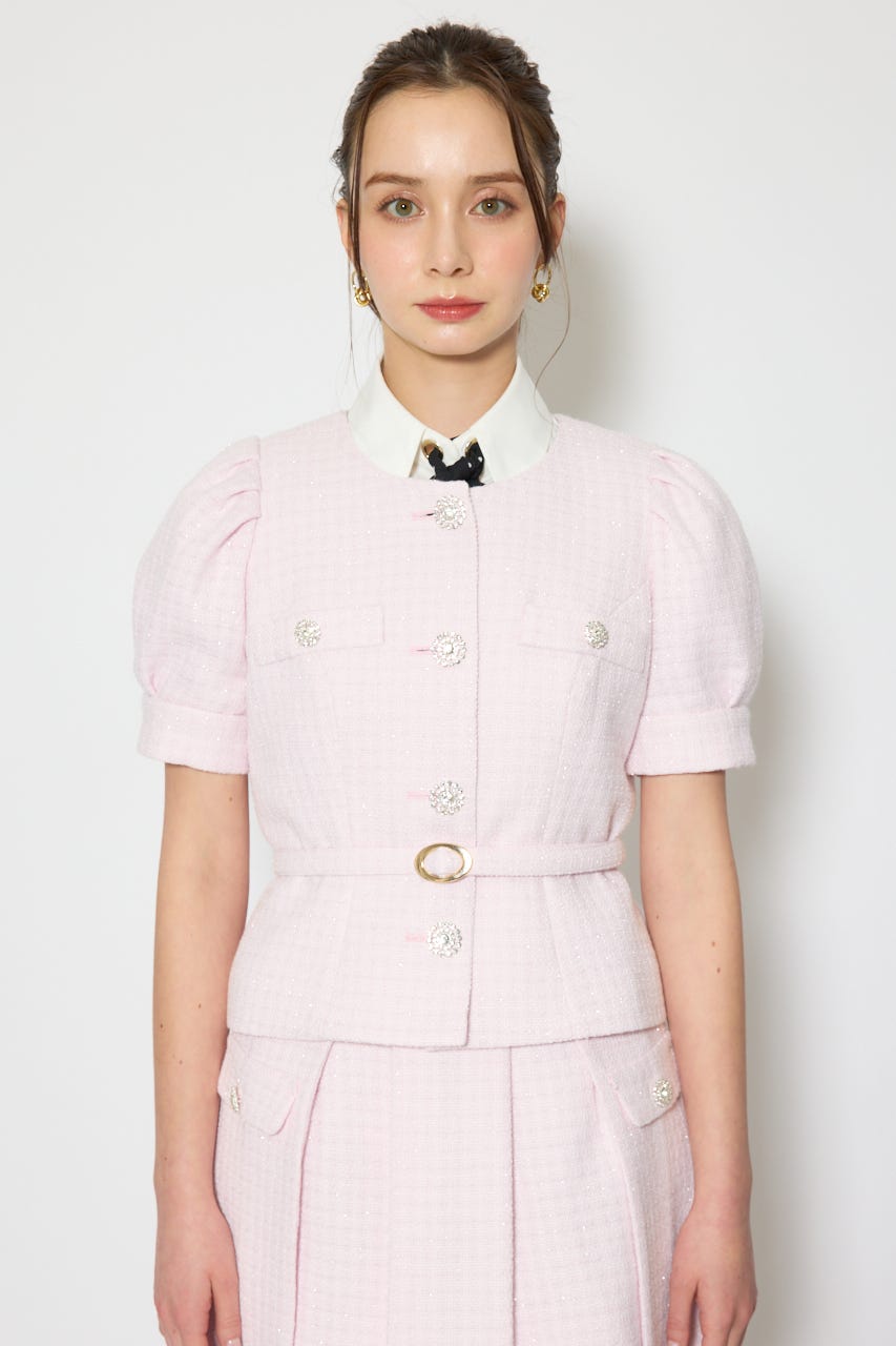 ノーカラーツイードペプラムジャケット PNK M