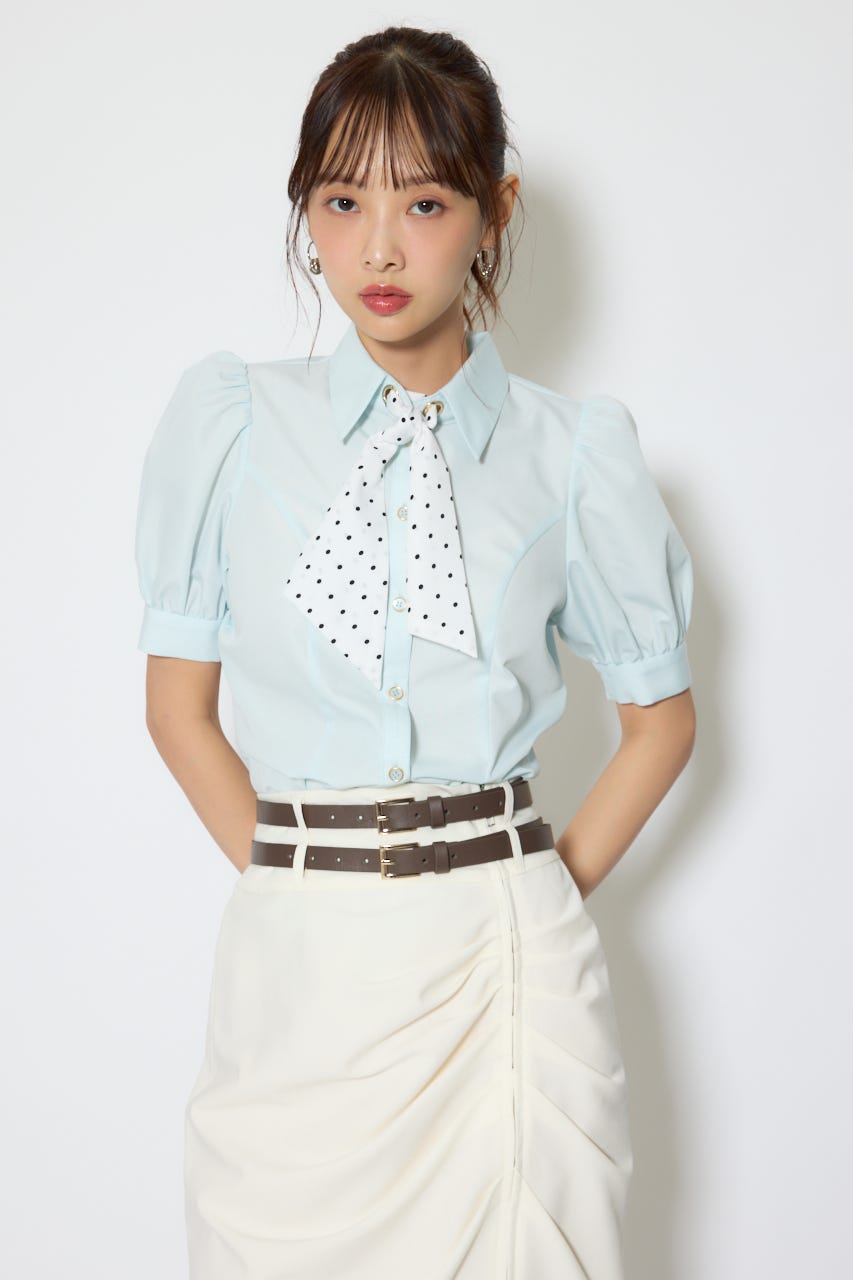 【森香澄さん着用】スカーフ付きハーフスリーブブラウス BLU FREE