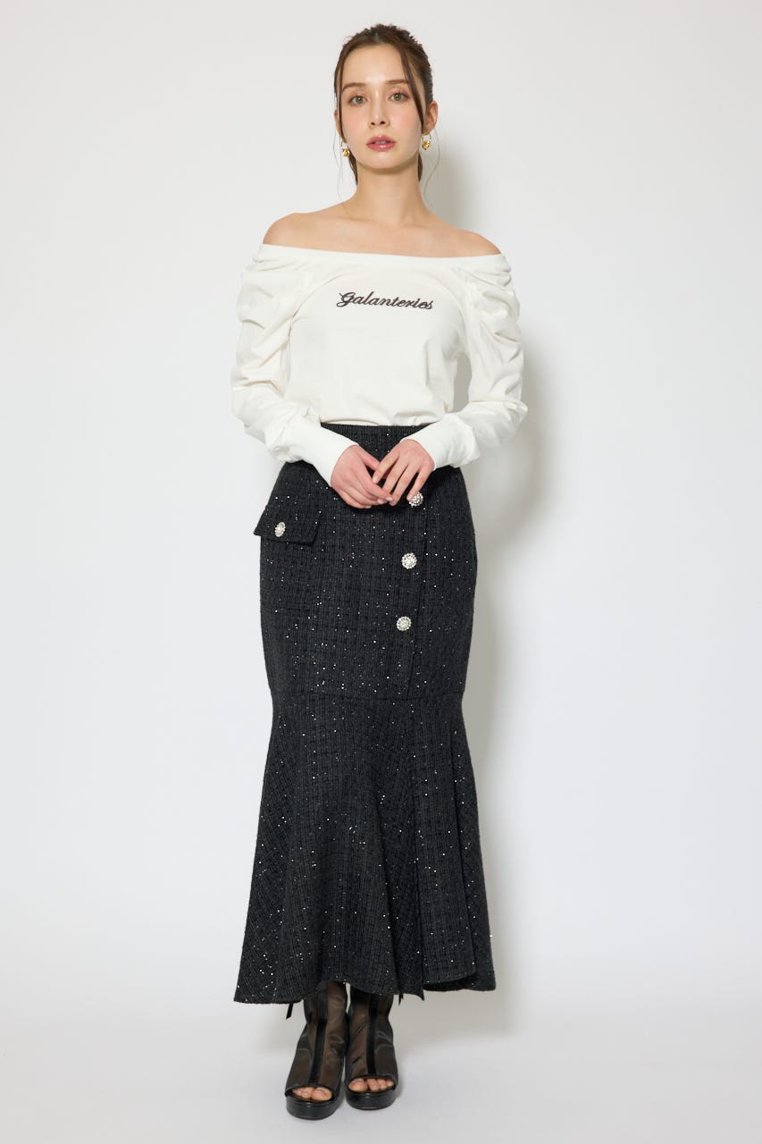 ラップスリットツイードマーメイドスカート BLK S