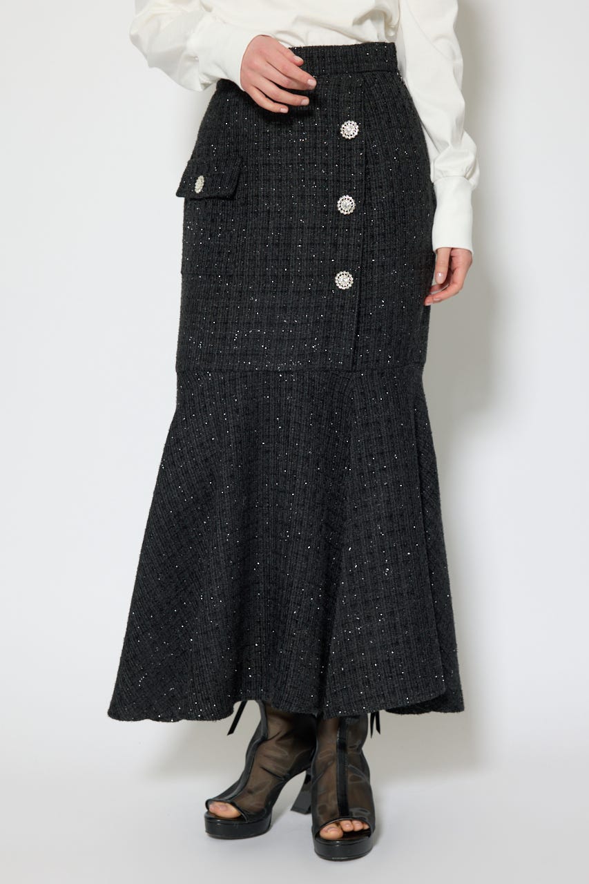 ラップスリットツイードマーメイドスカート BLK S