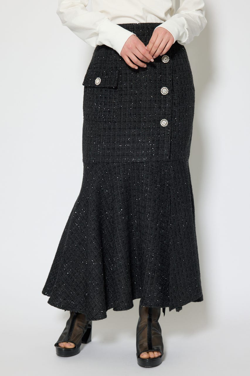 ラップスリットツイードマーメイドスカート BLK S