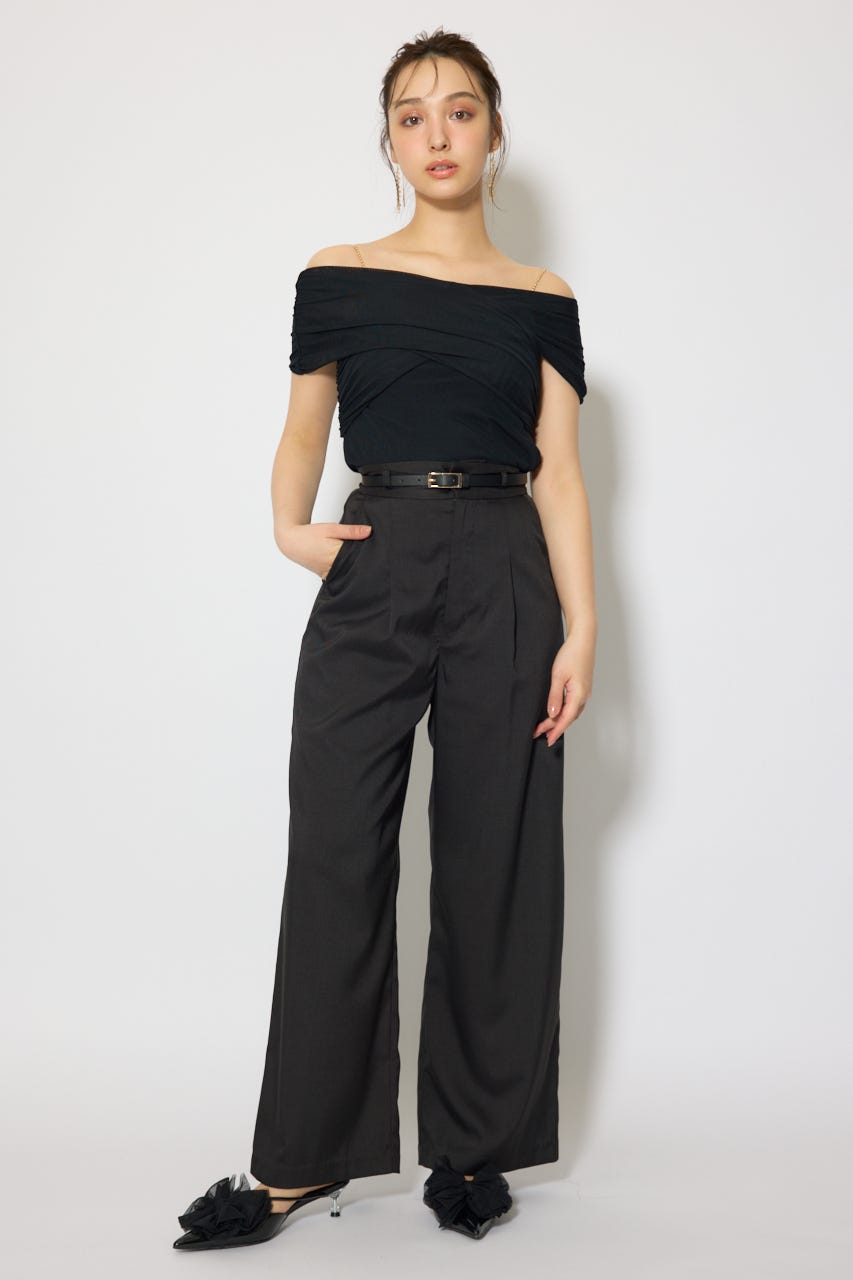 ベルト付き美ラインジャストウエストパンツ BLK S