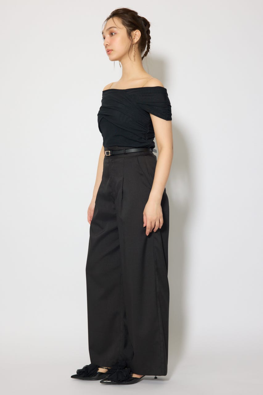 ベルト付き美ラインジャストウエストパンツ BLK S