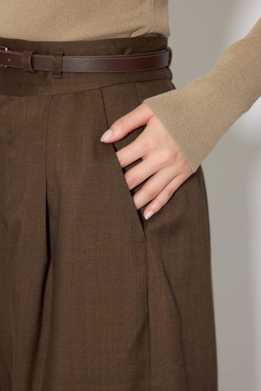 ベルト付き美ラインジャストウエストパンツ BRN M