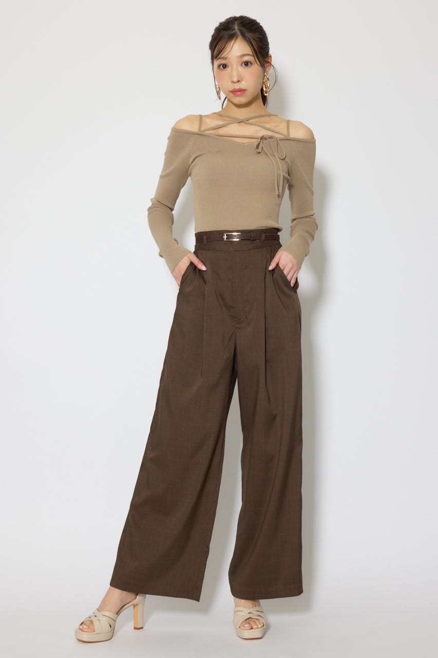 ベルト付き美ラインジャストウエストパンツ BRN M