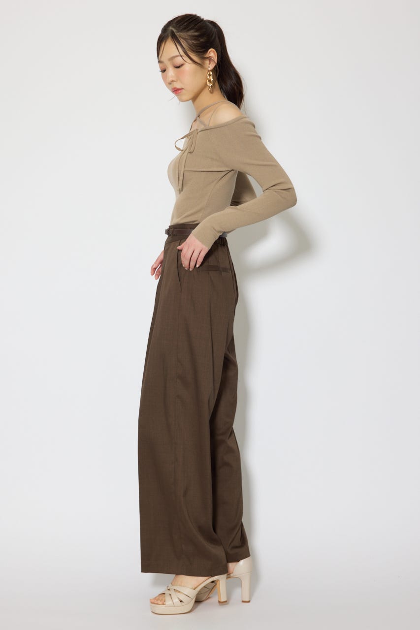 ベルト付き美ラインジャストウエストパンツ BRN M