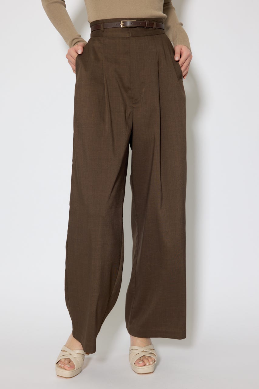 ベルト付き美ラインジャストウエストパンツ BRN M