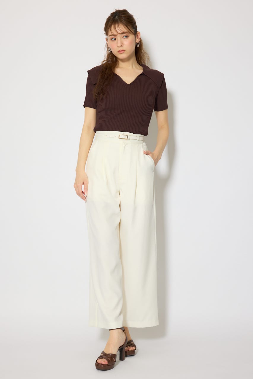 ベルト付き美ラインジャストウエストパンツ WHT M