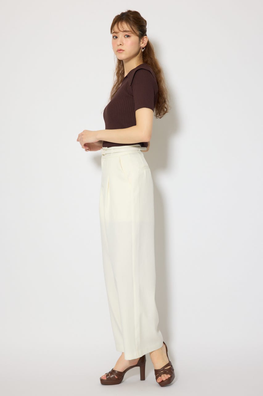 ベルト付き美ラインジャストウエストパンツ WHT M