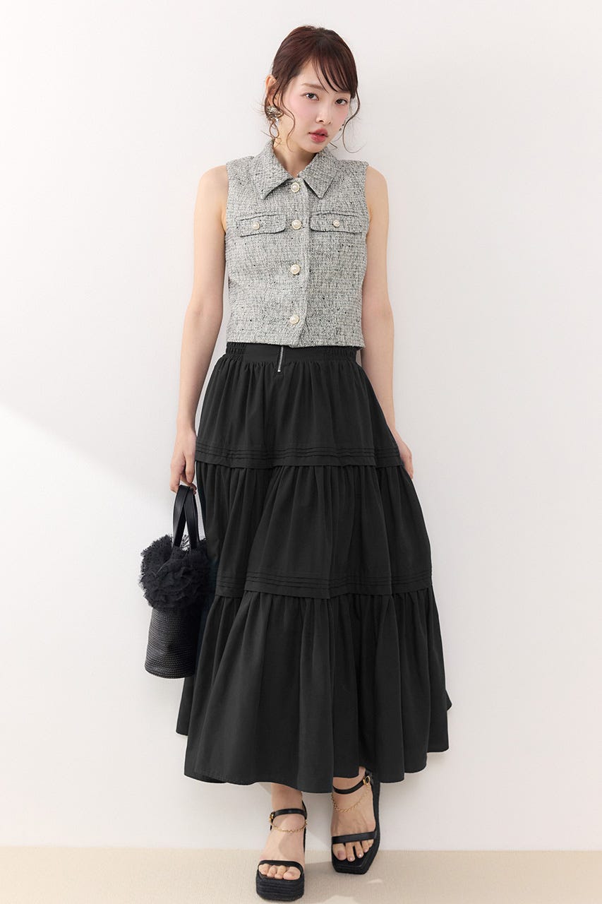 ウエストシャーリングタックデザインフレアスカート BLK FREE