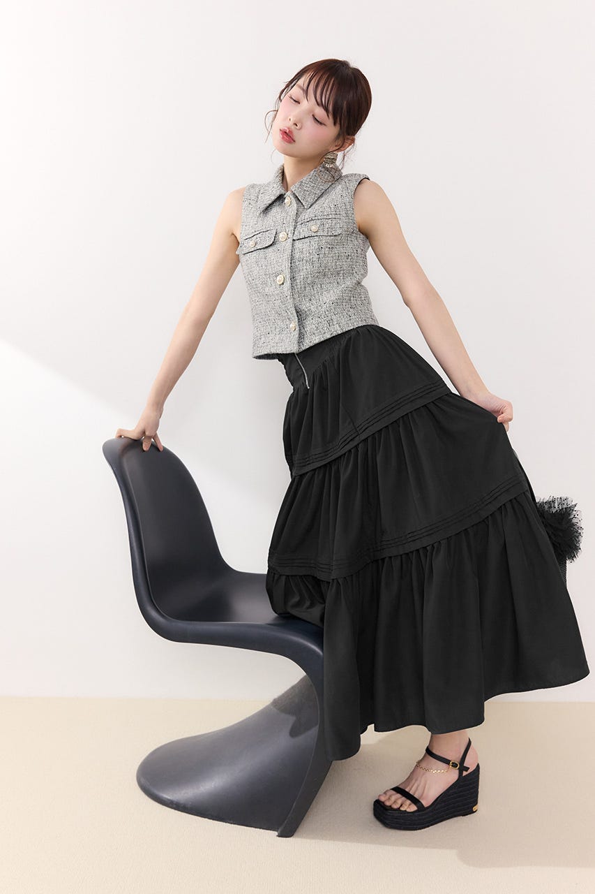 ウエストシャーリングタックデザインフレアスカート BLK FREE