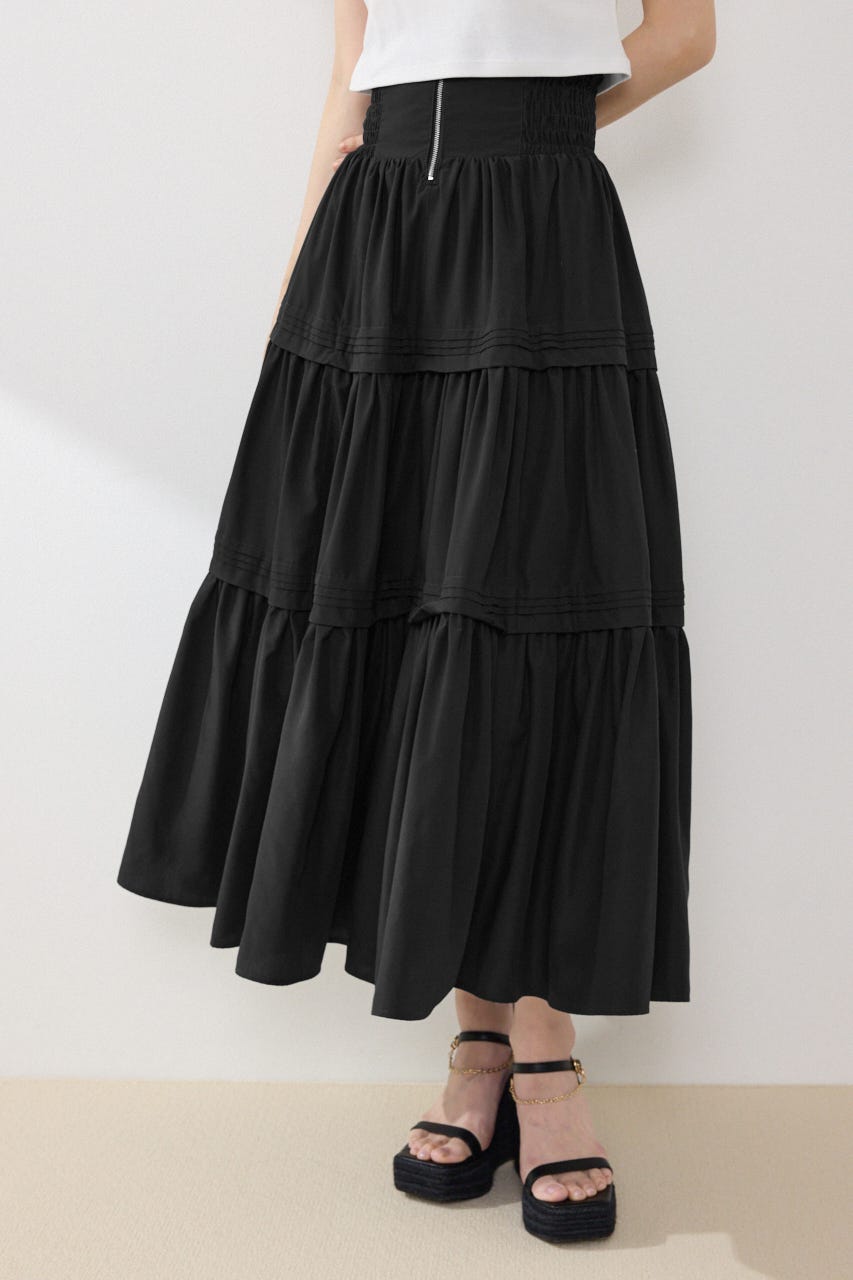 ウエストシャーリングタックデザインフレアスカート BLK FREE