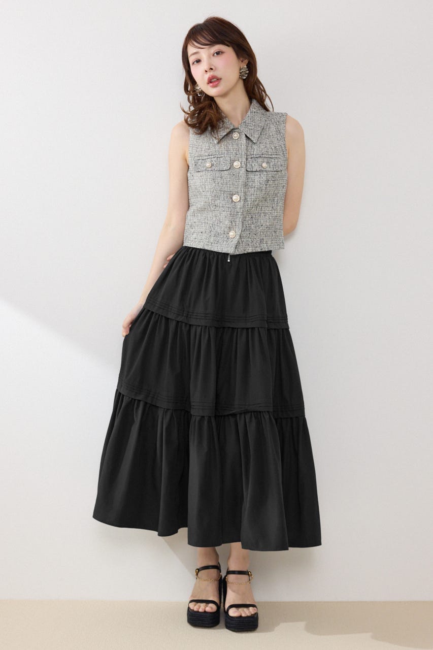 ウエストシャーリングタックデザインフレアスカート BLK FREE