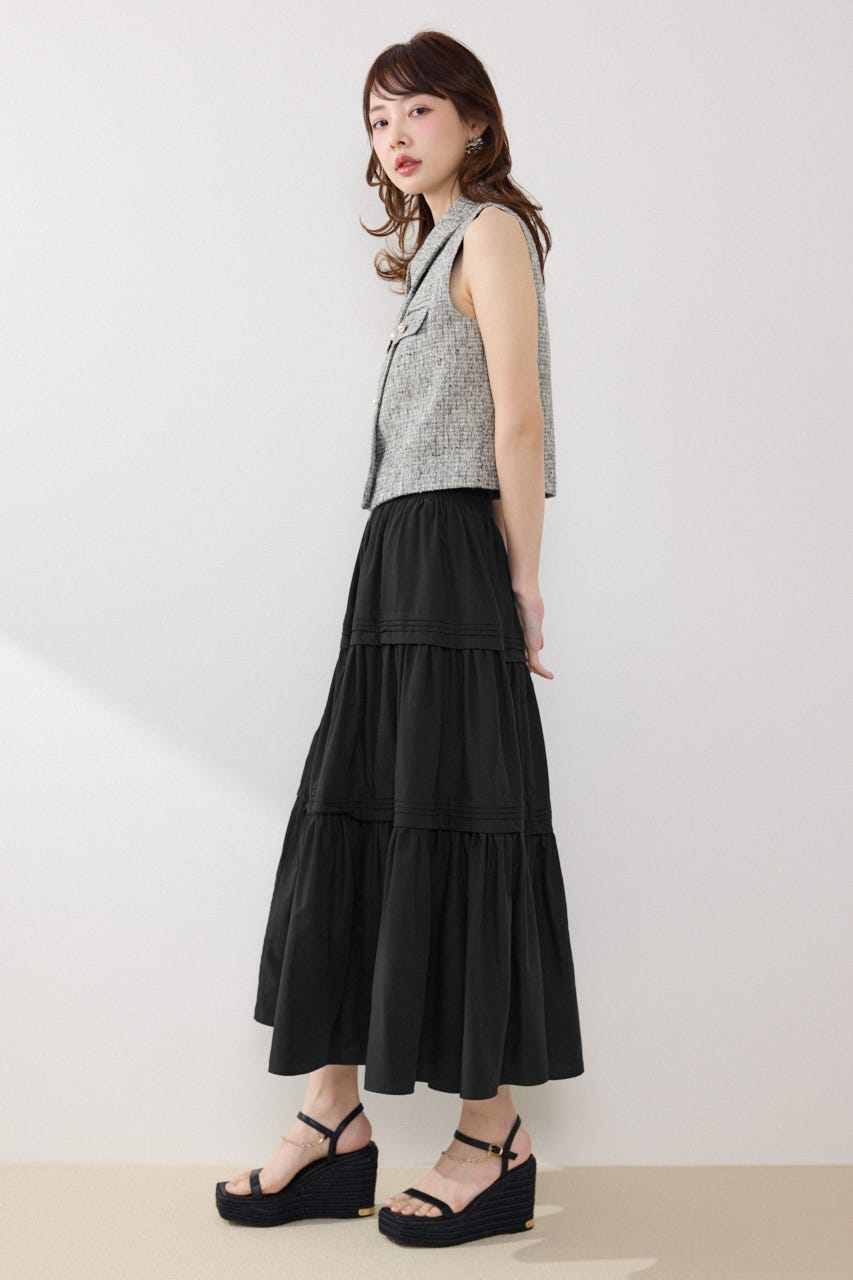 ウエストシャーリングタックデザインフレアスカート BLK FREE