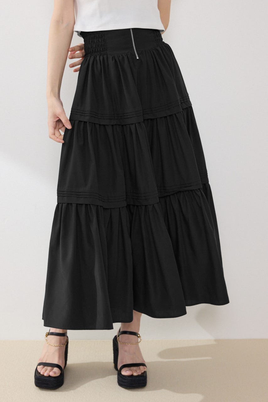 ウエストシャーリングタックデザインフレアスカート BLK FREE
