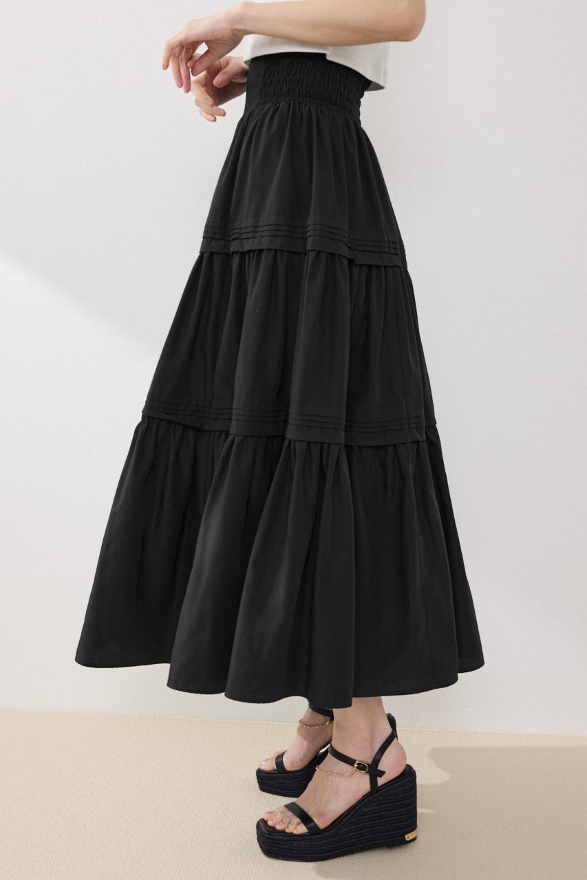 ウエストシャーリングタックデザインフレアスカート BLK FREE