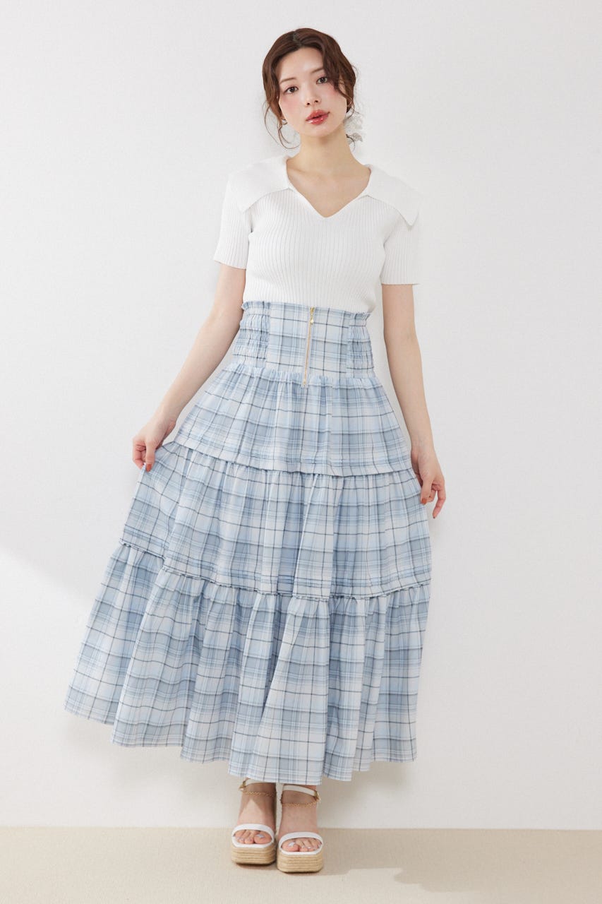 ウエストシャーリングタックデザインフレアスカート 柄BLU FREE