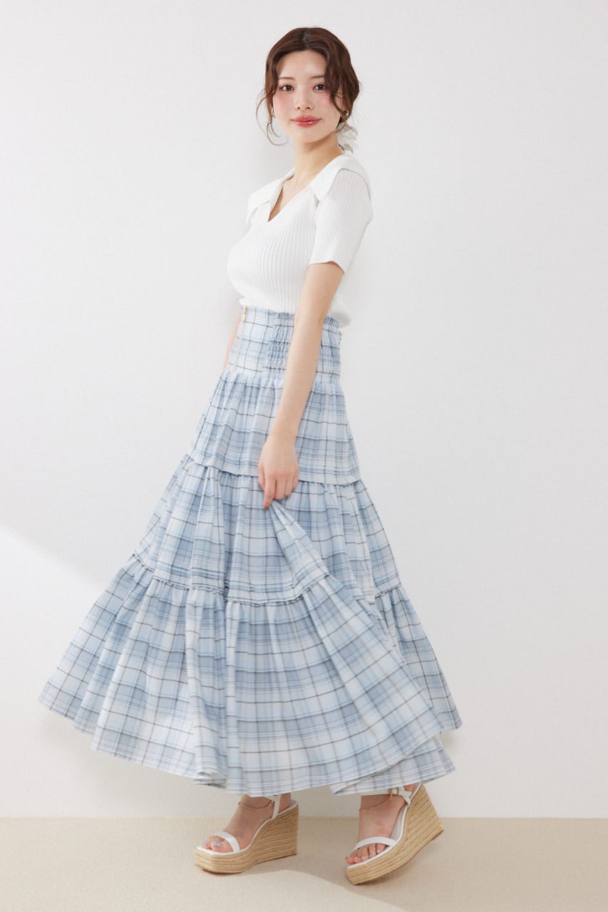 ウエストシャーリングタックデザインフレアスカート 柄BLU FREE