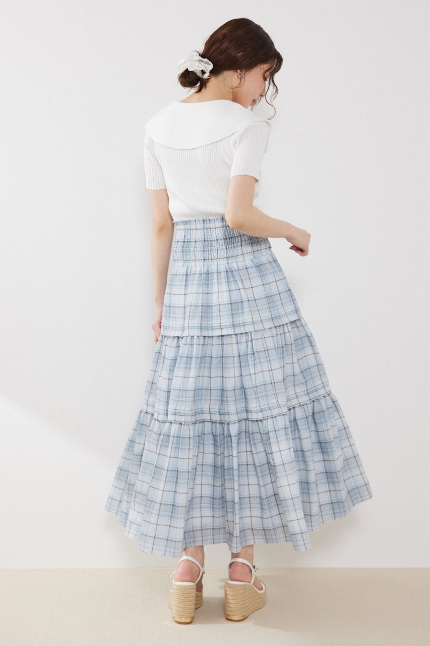 ウエストシャーリングタックデザインフレアスカート 柄BLU FREE