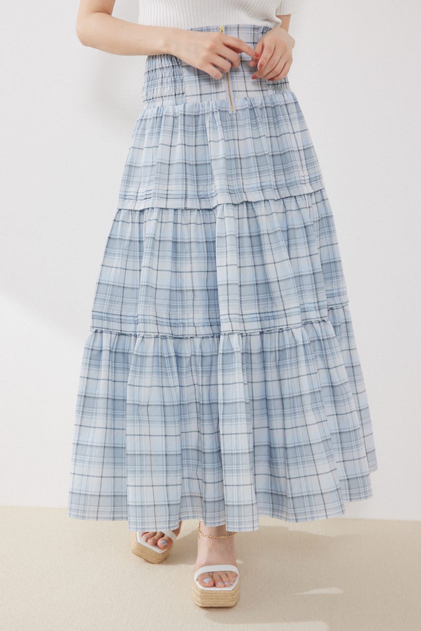 ウエストシャーリングタックデザインフレアスカート 柄BLU FREE