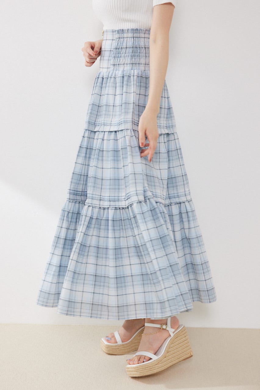 ウエストシャーリングタックデザインフレアスカート 柄BLU FREE