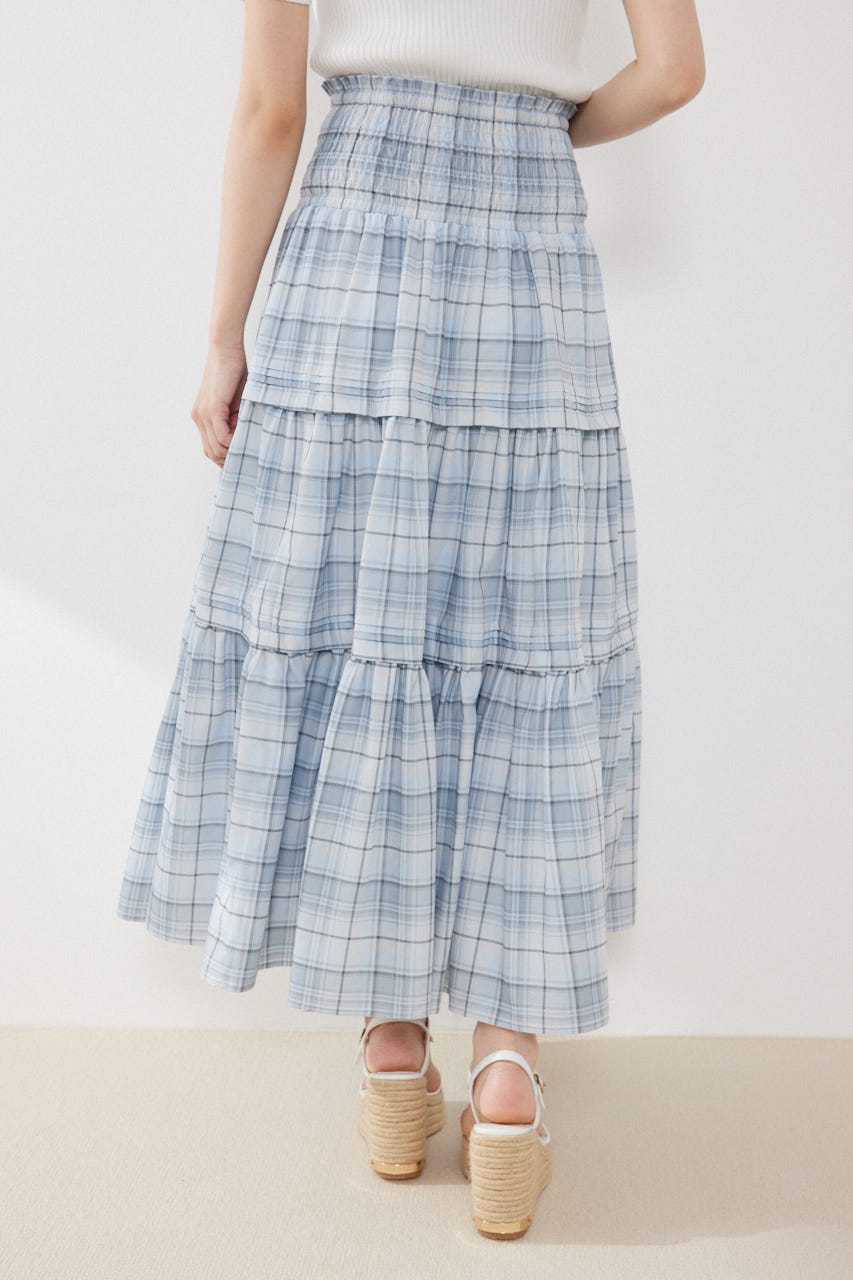 ウエストシャーリングタックデザインフレアスカート 柄BLU FREE