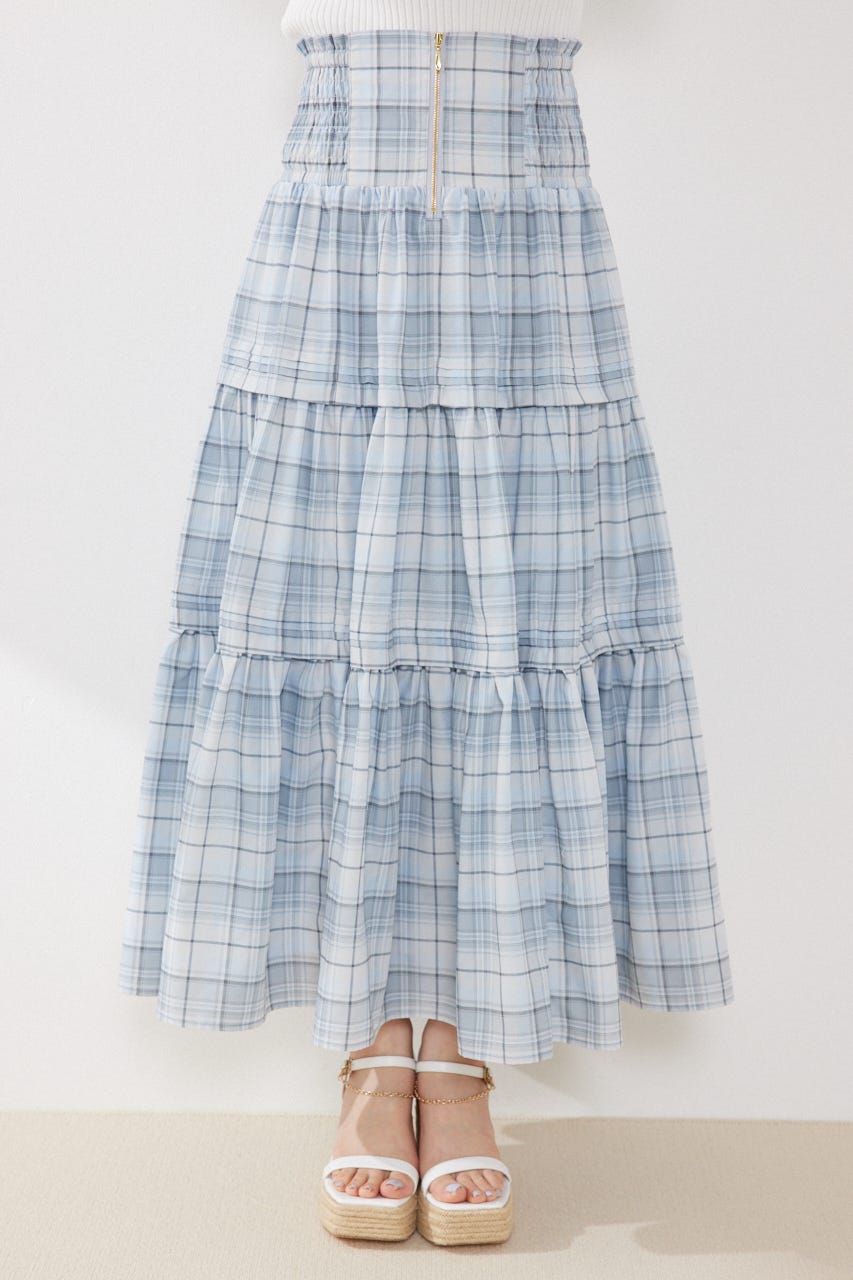 ウエストシャーリングタックデザインフレアスカート 柄BLU FREE