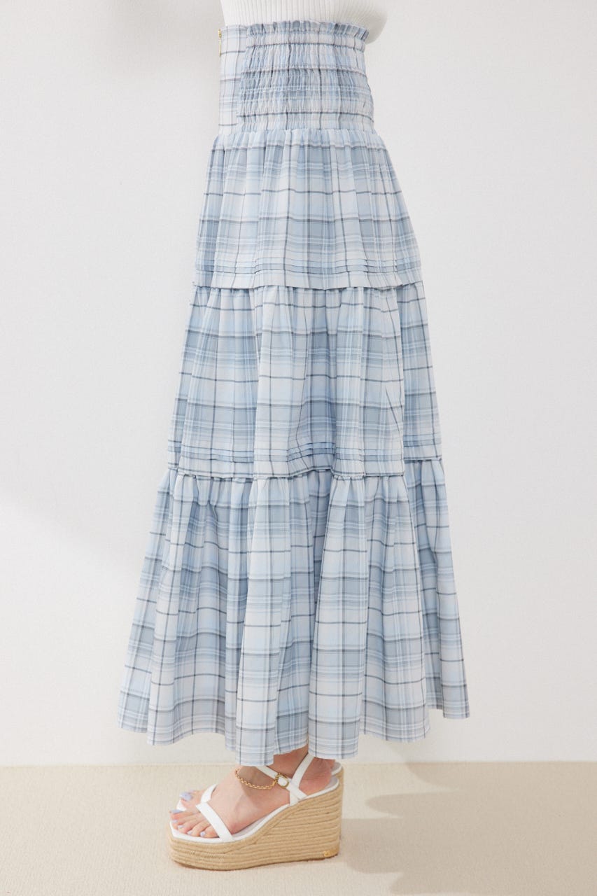 ウエストシャーリングタックデザインフレアスカート 柄BLU FREE