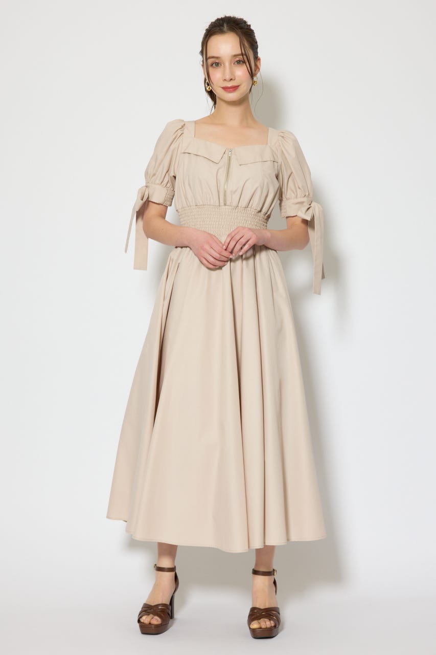 リボンスリーブフレアワンピース BEG S