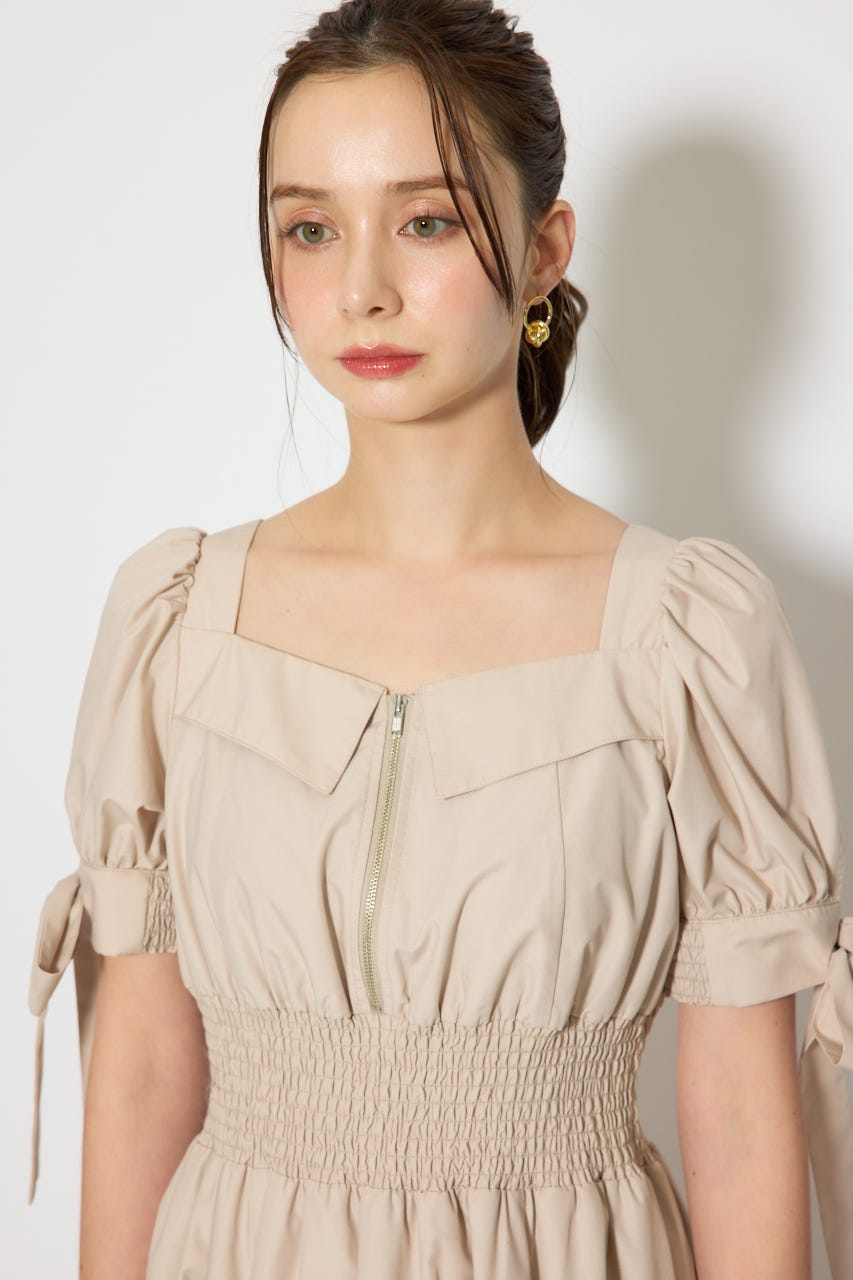 リボンスリーブフレアワンピース BEG S