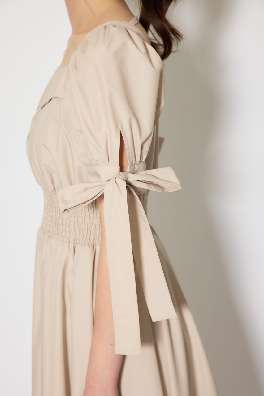 【ひとめ惚れワンピ】リボンスリーブフレアワンピース BEG S