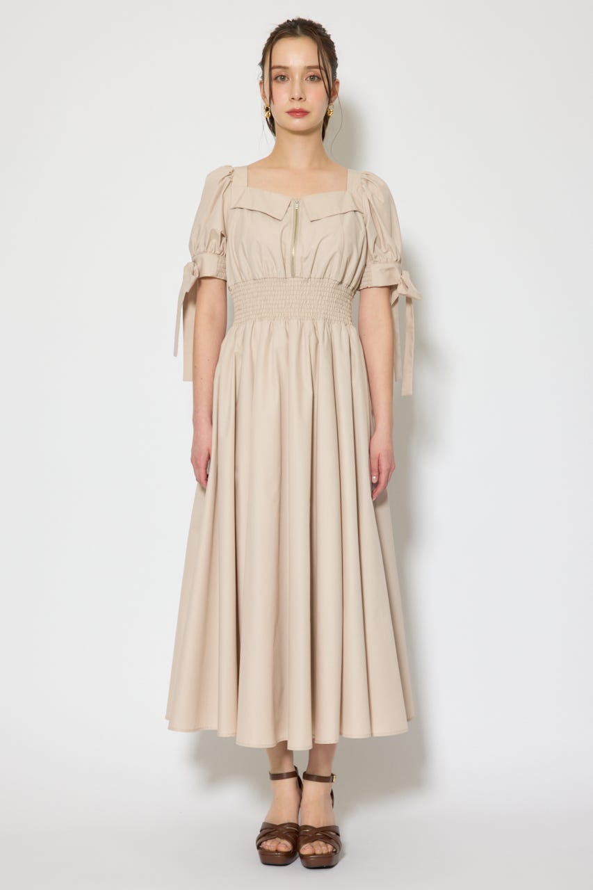 リボンスリーブフレアワンピース BEG S