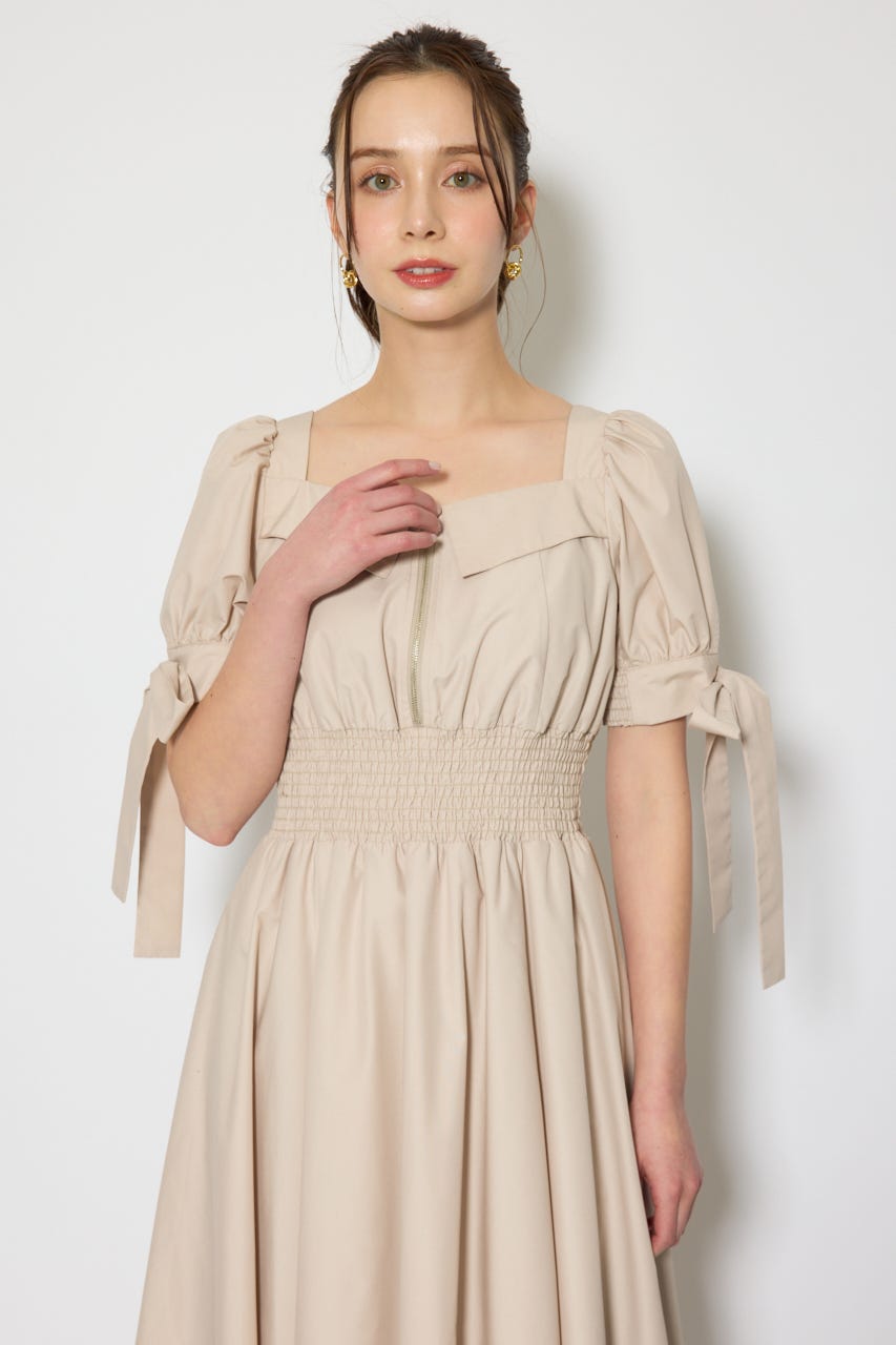 リボンスリーブフレアワンピース BEG S