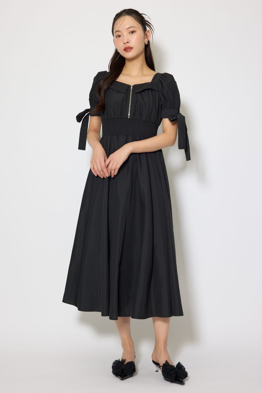リボンスリーブフレアワンピース BLK M