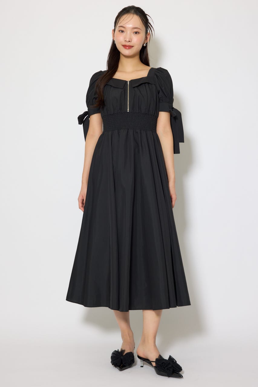リボンスリーブフレアワンピース BLK M