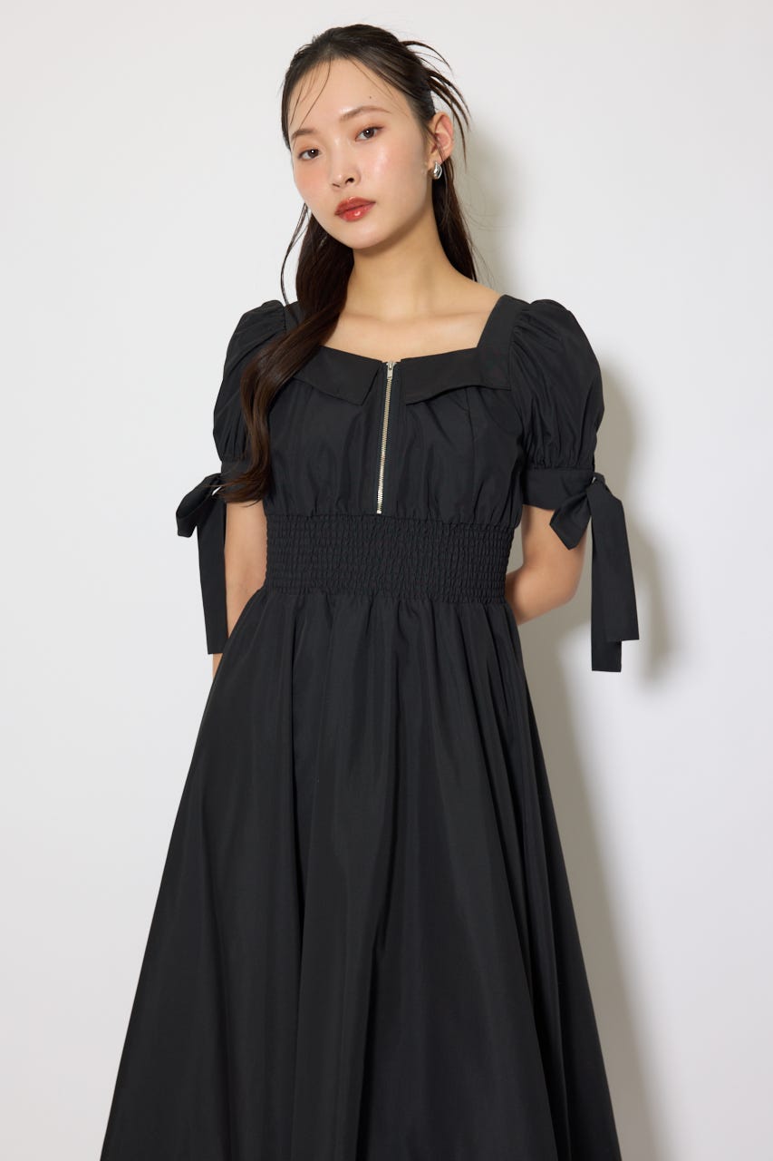 リボンスリーブフレアワンピース BLK M