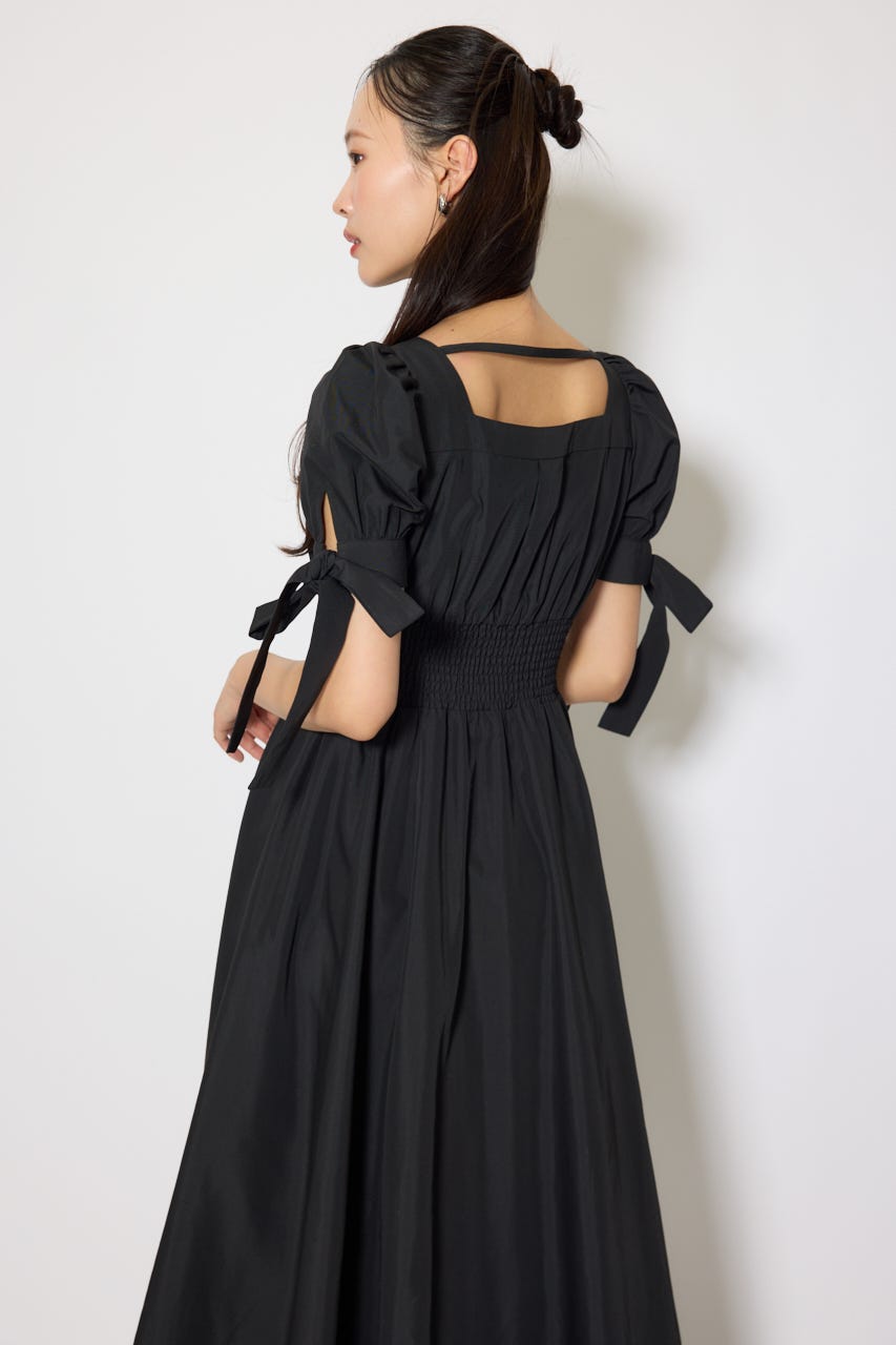 リボンスリーブフレアワンピース BLK M