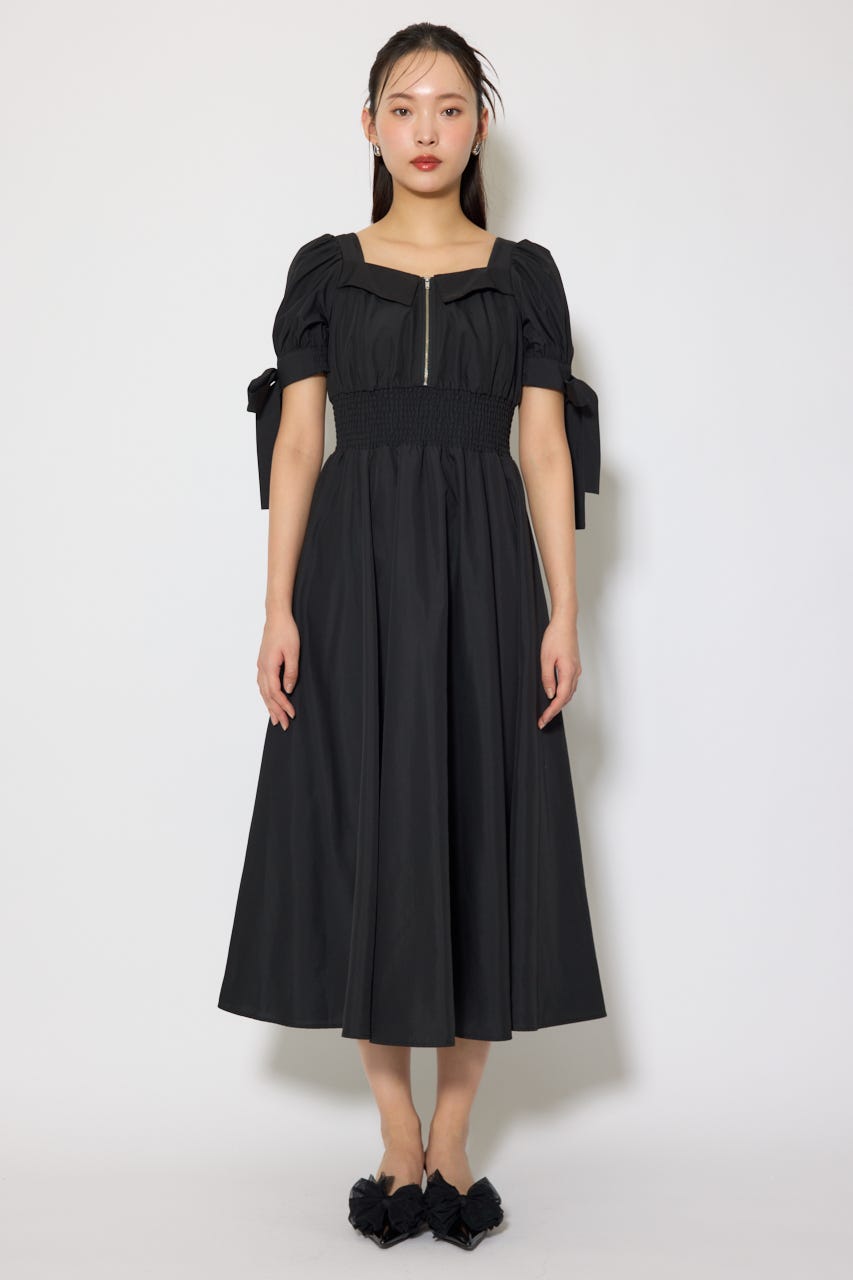 リボンスリーブフレアワンピース BLK M
