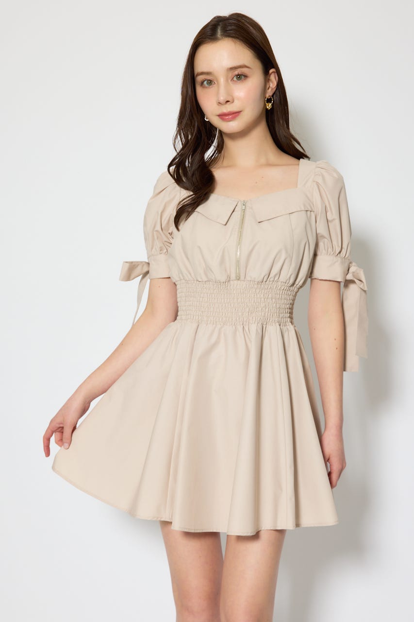 リボンスリーブフレアミニワンピース BEG M