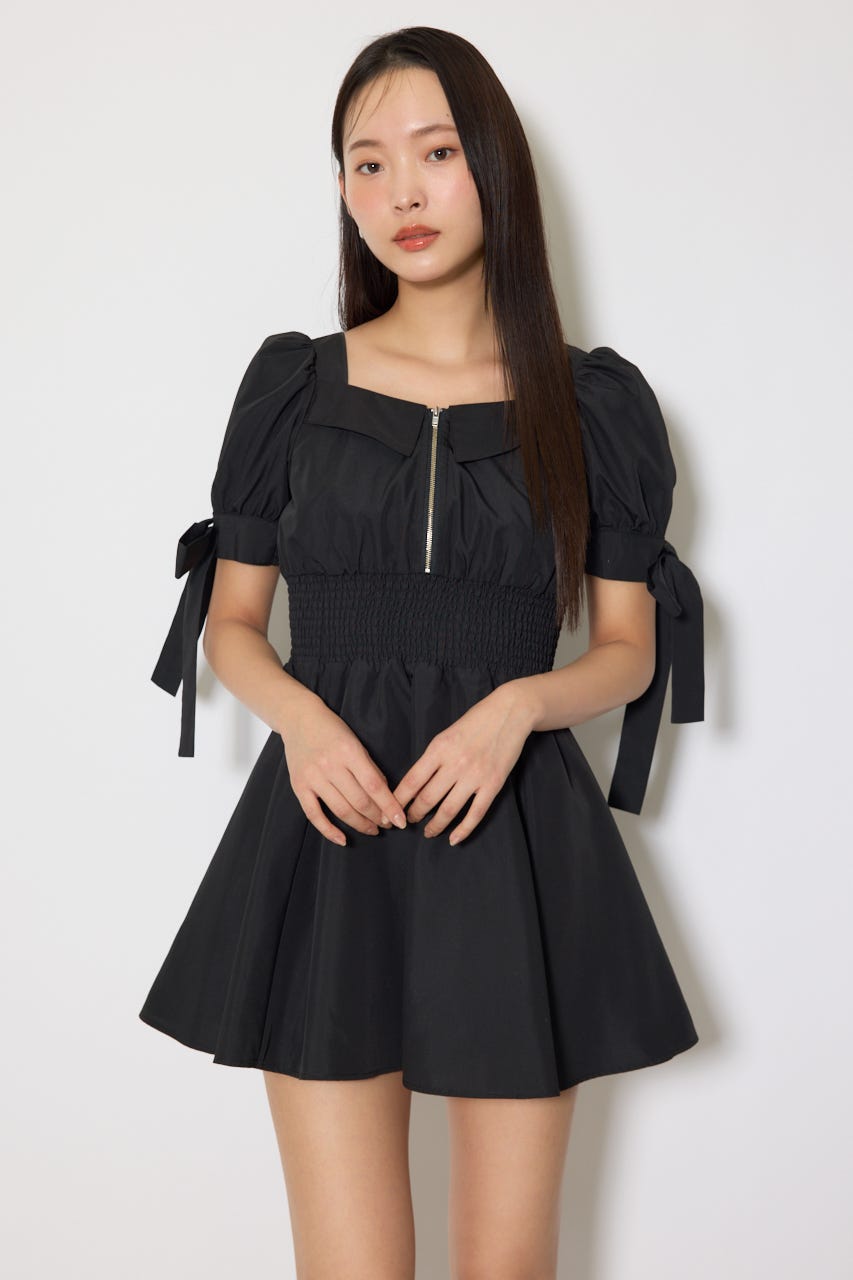 リボンスリーブフレアミニワンピース BLK S