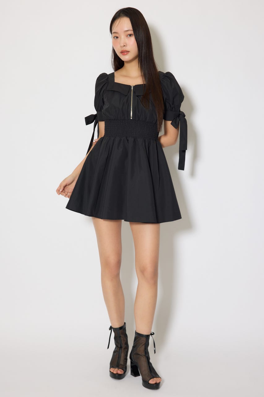 リボンスリーブフレアミニワンピース BLK S